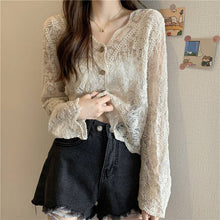 Load image into Gallery viewer, Crochet Cutout Long Sleeve Lace Mesh Top
