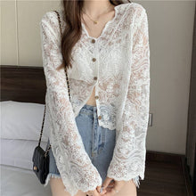 Load image into Gallery viewer, Crochet Cutout Long Sleeve Lace Mesh Top