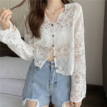 Load image into Gallery viewer, Crochet Cutout Long Sleeve Lace Mesh Top