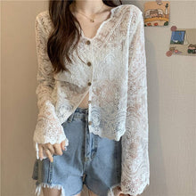 Load image into Gallery viewer, Crochet Cutout Long Sleeve Lace Mesh Top