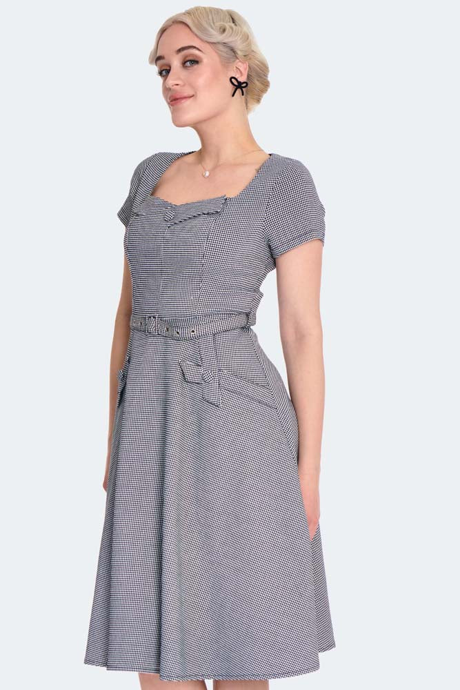 Voodoo Vixen - Rockabilly Medium-length Dress - Houndstooth Short-sleeved Flared Dress - XS to M - for Women - Black-White