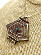Load image into Gallery viewer, Vintage Detailed Silver Box Pendant with Blue and Red Glass
