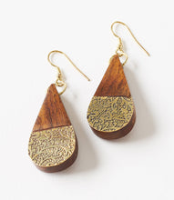 Load image into Gallery viewer, Earth and Fire Teardrop Earrings - Wood, Etched Brass
