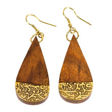 Load image into Gallery viewer, Earth and Fire Teardrop Earrings - Wood, Etched Brass
