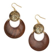 Load image into Gallery viewer, Earth and Fire Moon Drop Earrings - Wood, Etched Brass
