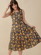 Thais Tiered Dress, Navy Botanical