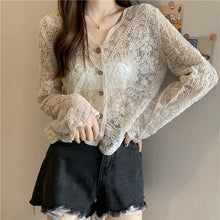 Load image into Gallery viewer, Crochet Cutout Long Sleeve Lace Mesh Top
