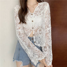 Load image into Gallery viewer, Crochet Cutout Long Sleeve Lace Mesh Top

