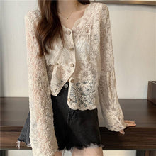 Load image into Gallery viewer, Crochet Cutout Long Sleeve Lace Mesh Top
