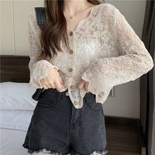 Load image into Gallery viewer, Crochet Cutout Long Sleeve Lace Mesh Top
