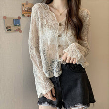 Load image into Gallery viewer, Crochet Cutout Long Sleeve Lace Mesh Top
