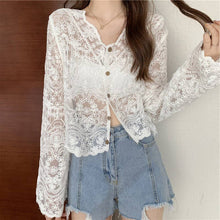 Load image into Gallery viewer, Crochet Cutout Long Sleeve Lace Mesh Top
