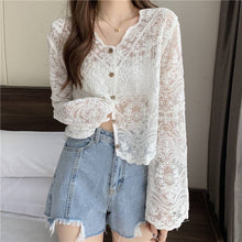 Load image into Gallery viewer, Crochet Cutout Long Sleeve Lace Mesh Top
