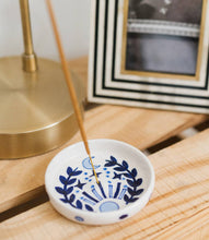Load image into Gallery viewer, Lalita Round Incense Holder - Hand Painted Blue &amp; White

