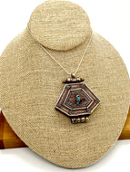 Vintage Detailed Silver Box Pendant with Blue and Red Glass