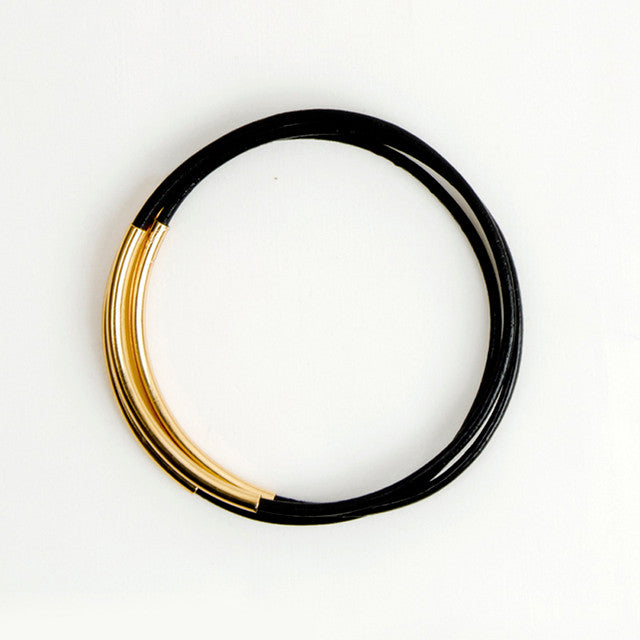 Leather and Metal Bar Bangle, Multiple Colors